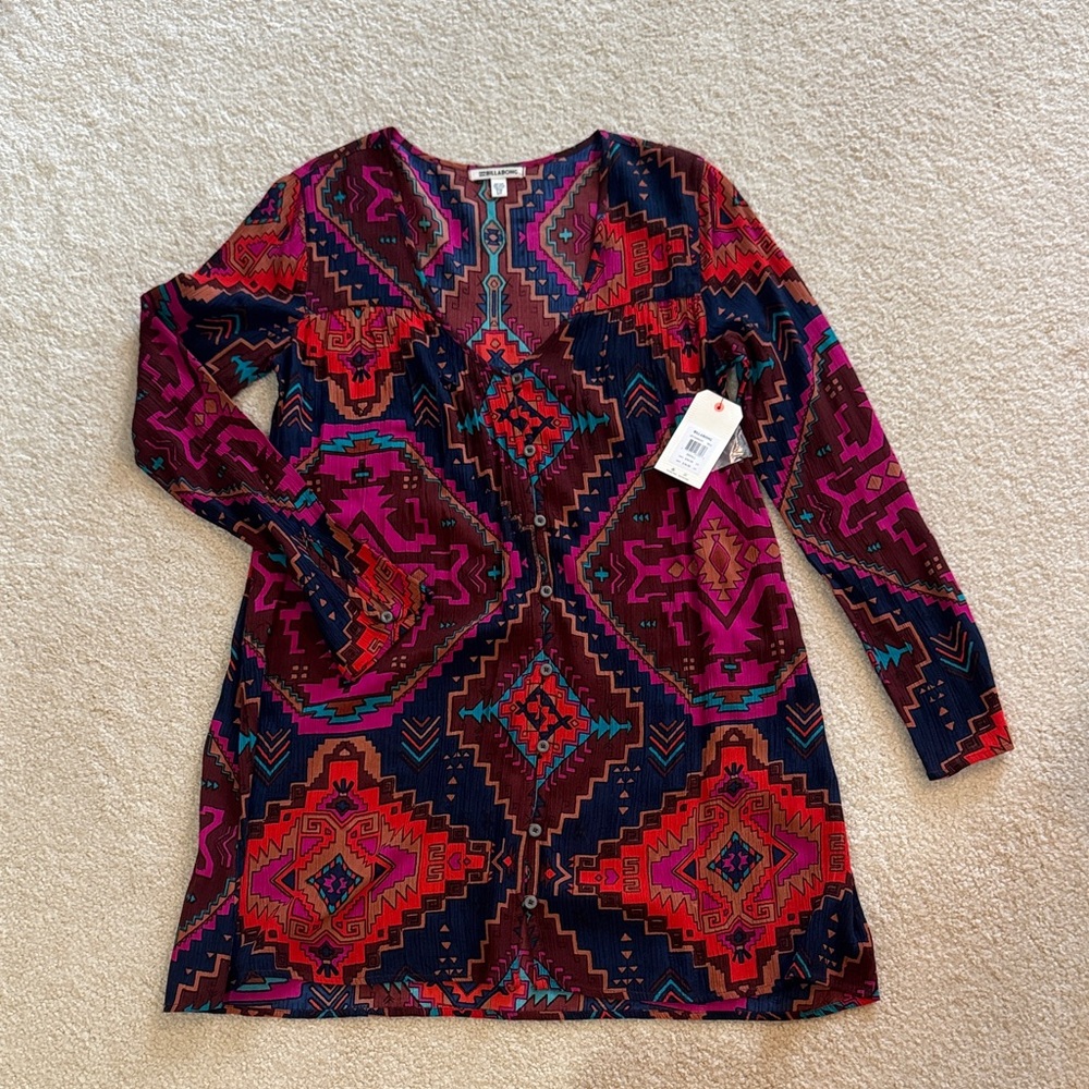 Billabong Long Sleeve V-Neck Dress in Magenta & Navy